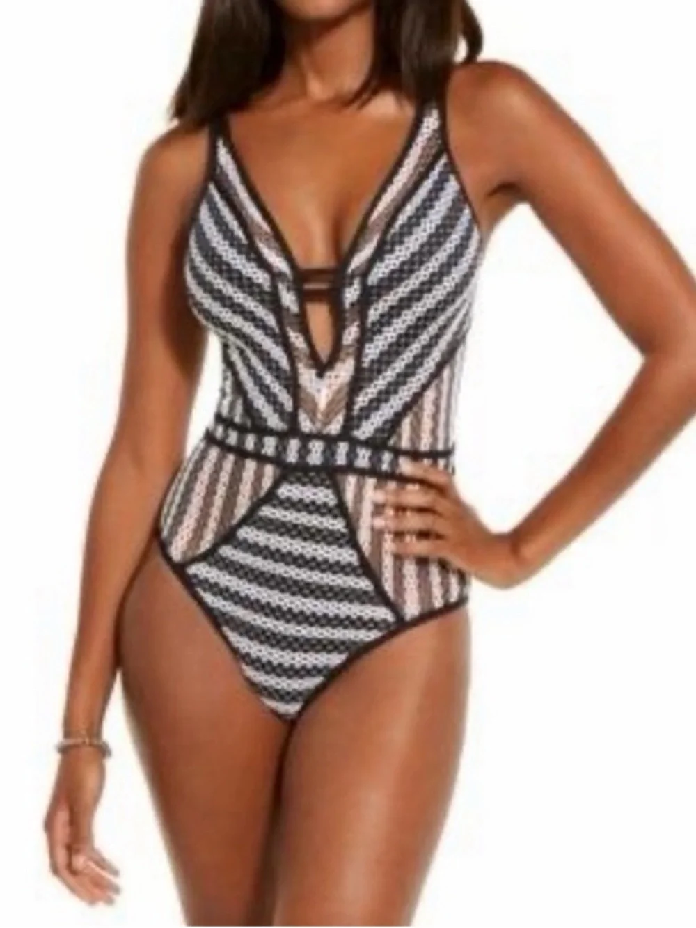 BECCA Black and White Striped One-Piece Swimsuit